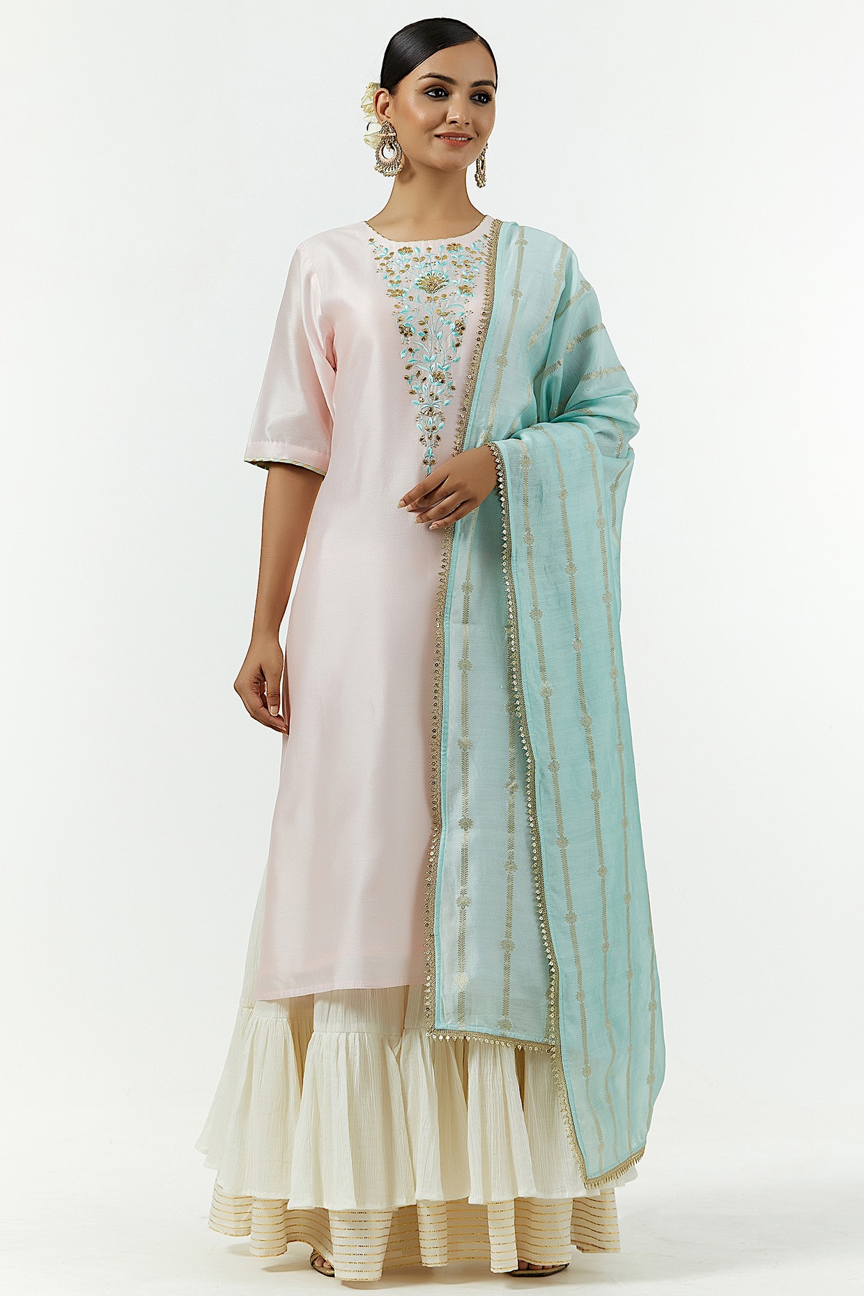Ivory embroidered sharara suit set with green dupatta - set of three by  Keva | The Secret Label